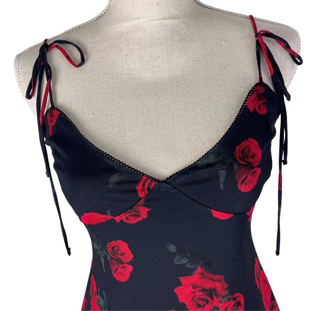 Bershka Rose Print Strappy Mini Dress Black Red Floral Y2K Romantic Going Out - Picture 7 of 10